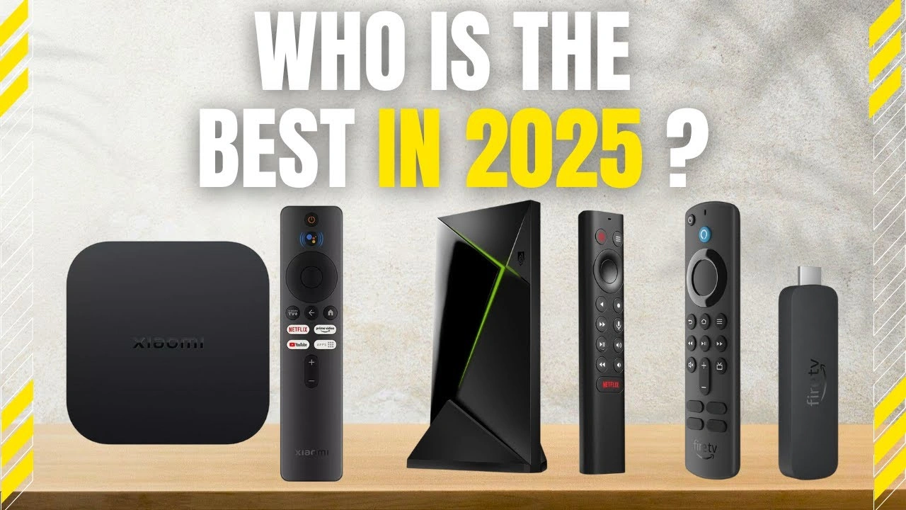 Top 5 best Android TV boxes and remotes for streaming and gaming in 2026 displayed on a wooden surface.