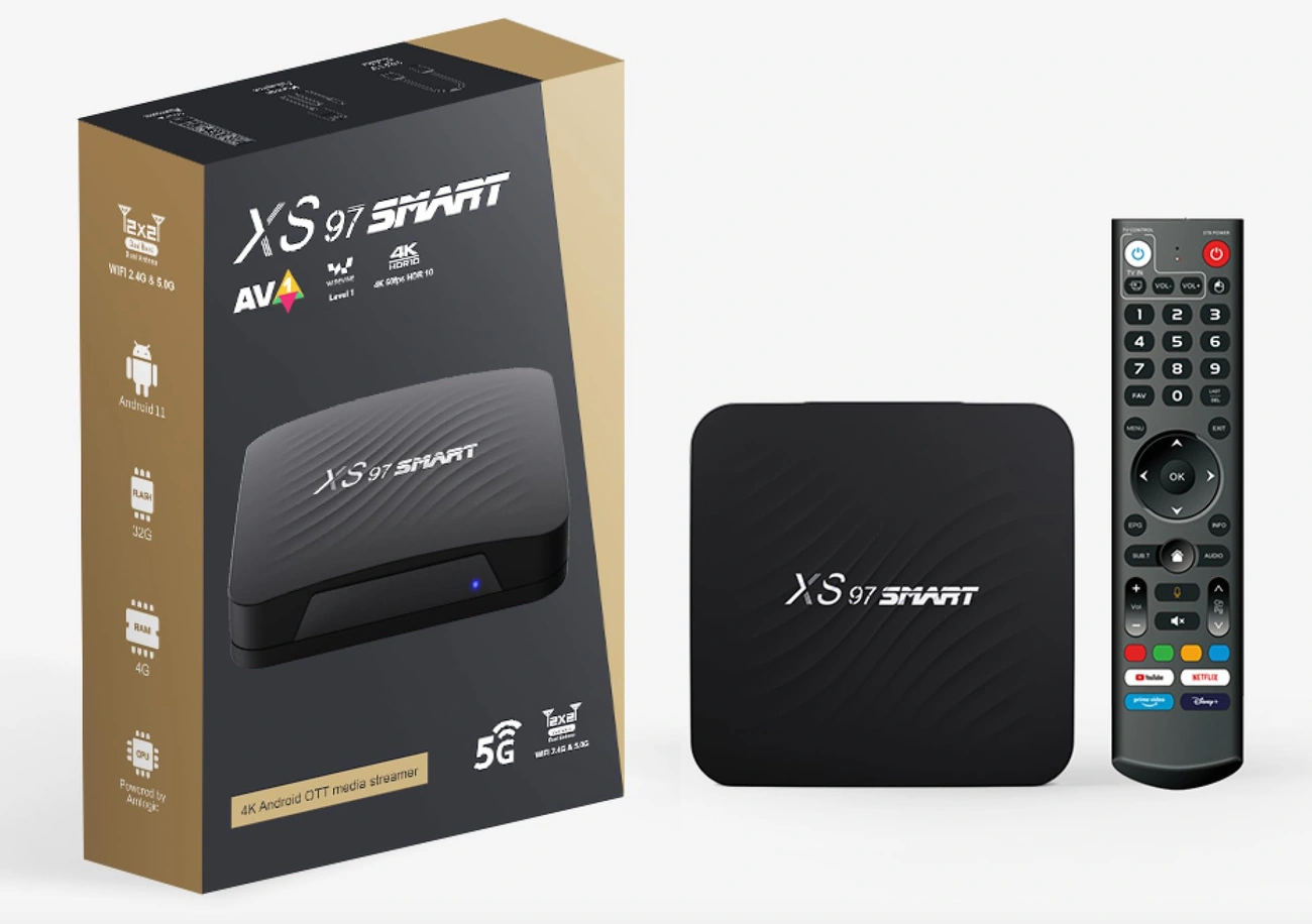 Meentek XS97 Smart TV Box with 4K HDR support and remote control displayed next to its packaging box.