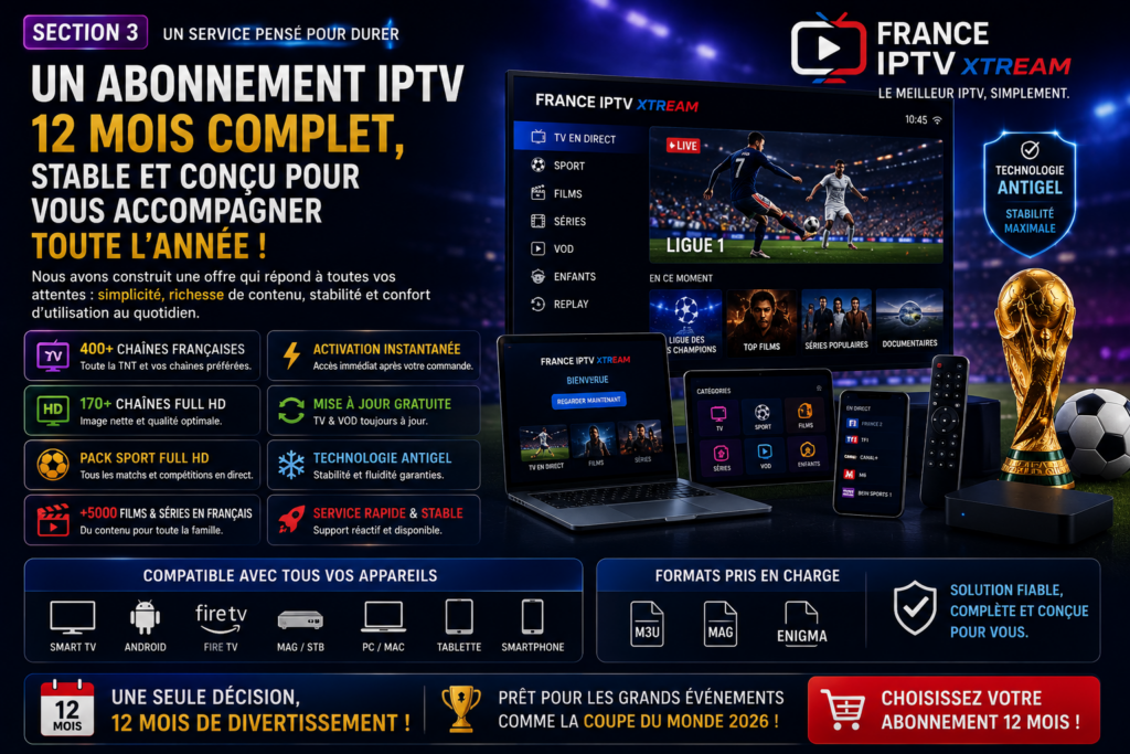 Abonnement IPTV 12 mois pas cher : la solution idéale pour profiter du meilleur IPTV toute l’année Abonnement IPTV 12 mois pas cher